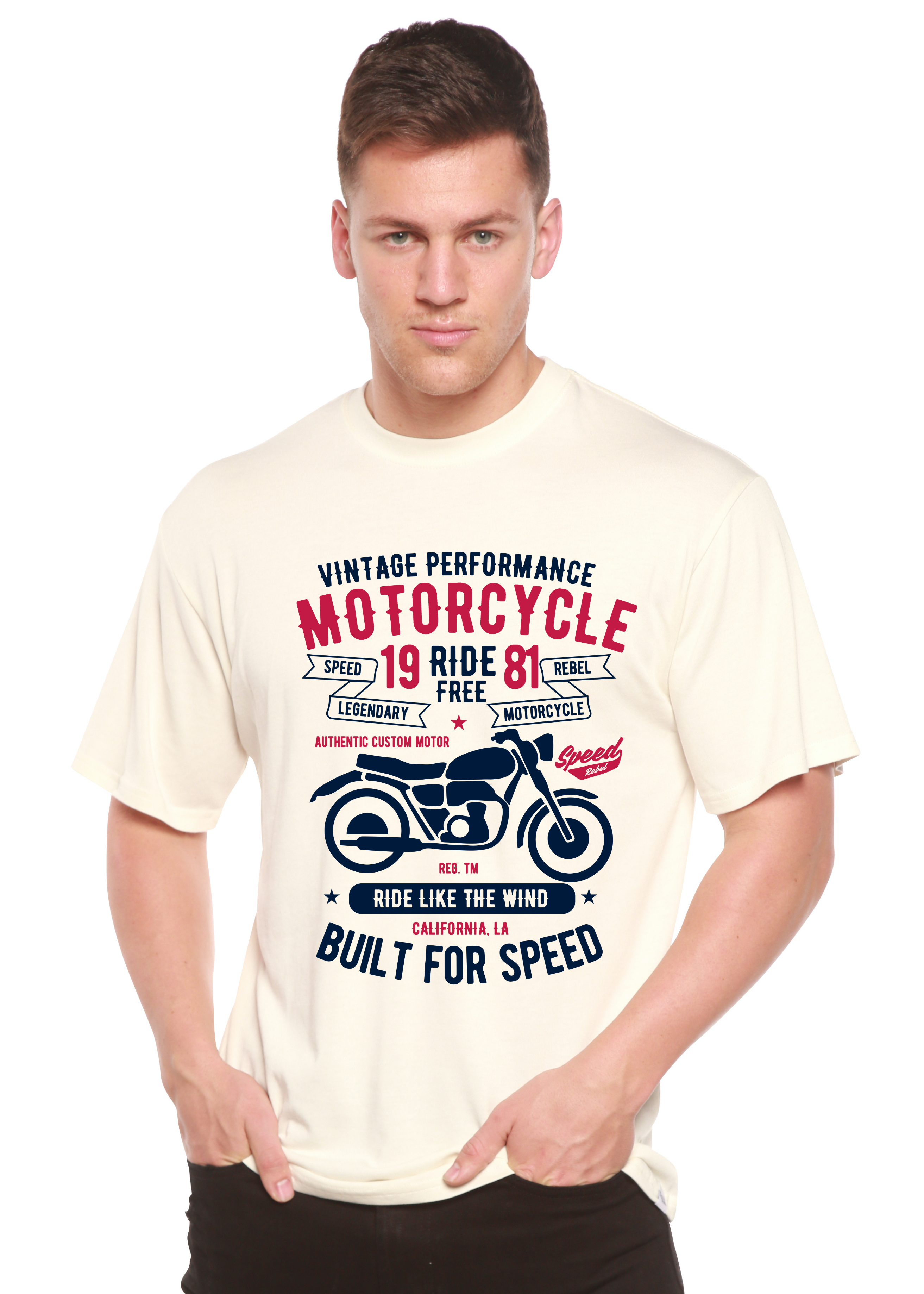T-shirt graphique à manches courtes pour hommes en bambou/coton biologique "Motorcycle Ride Free"