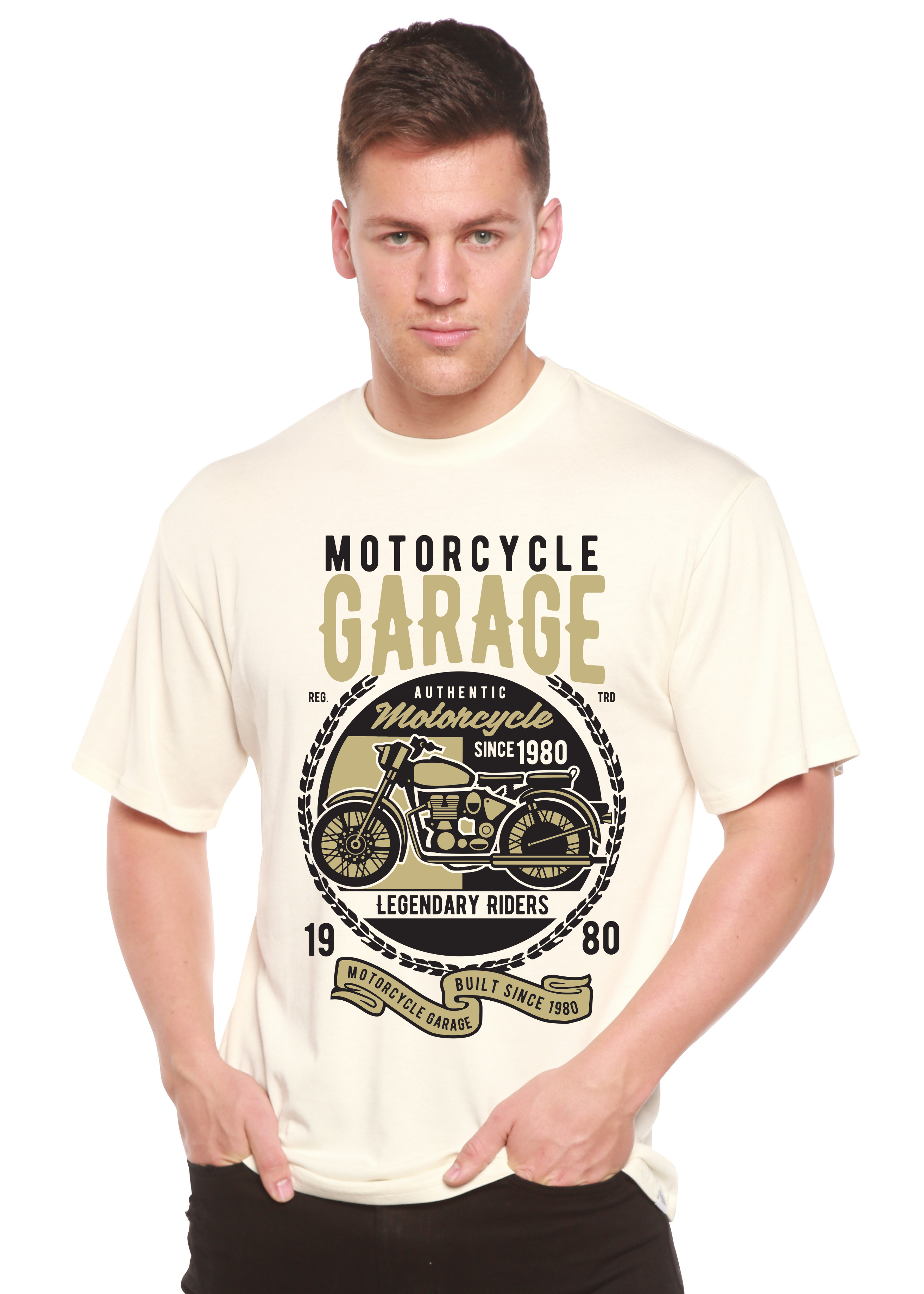 T-shirt graphique à manches courtes pour homme, en bambou, viscose et coton biologique, motif garage moto