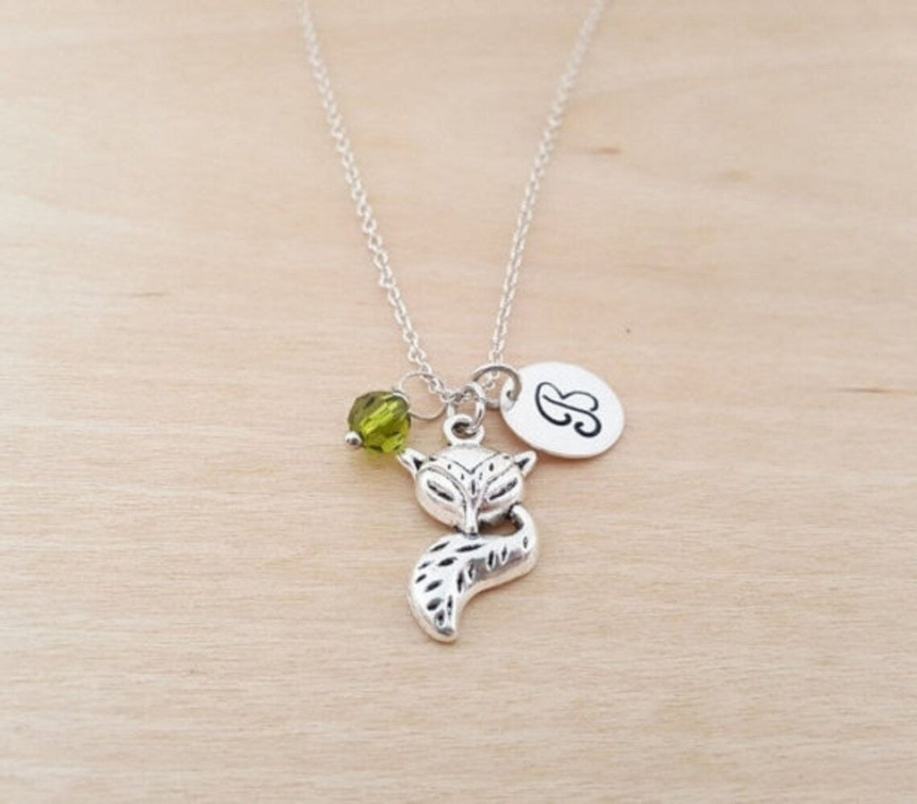 Collier Renard – Argent sterling avec pierre de naissance et breloque initiale
