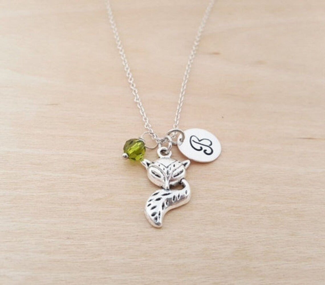 Collier Renard – Argent sterling avec pierre de naissance et breloque initiale