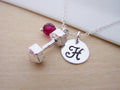Personalized Dumbbell Necklace – Weightlifting Charm with Sterling Silver Chain & Birthstone
