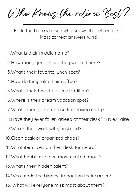 Retirement Party Game Pack – Printable PDF with Fun Icebreakers, Trivia & Toasts