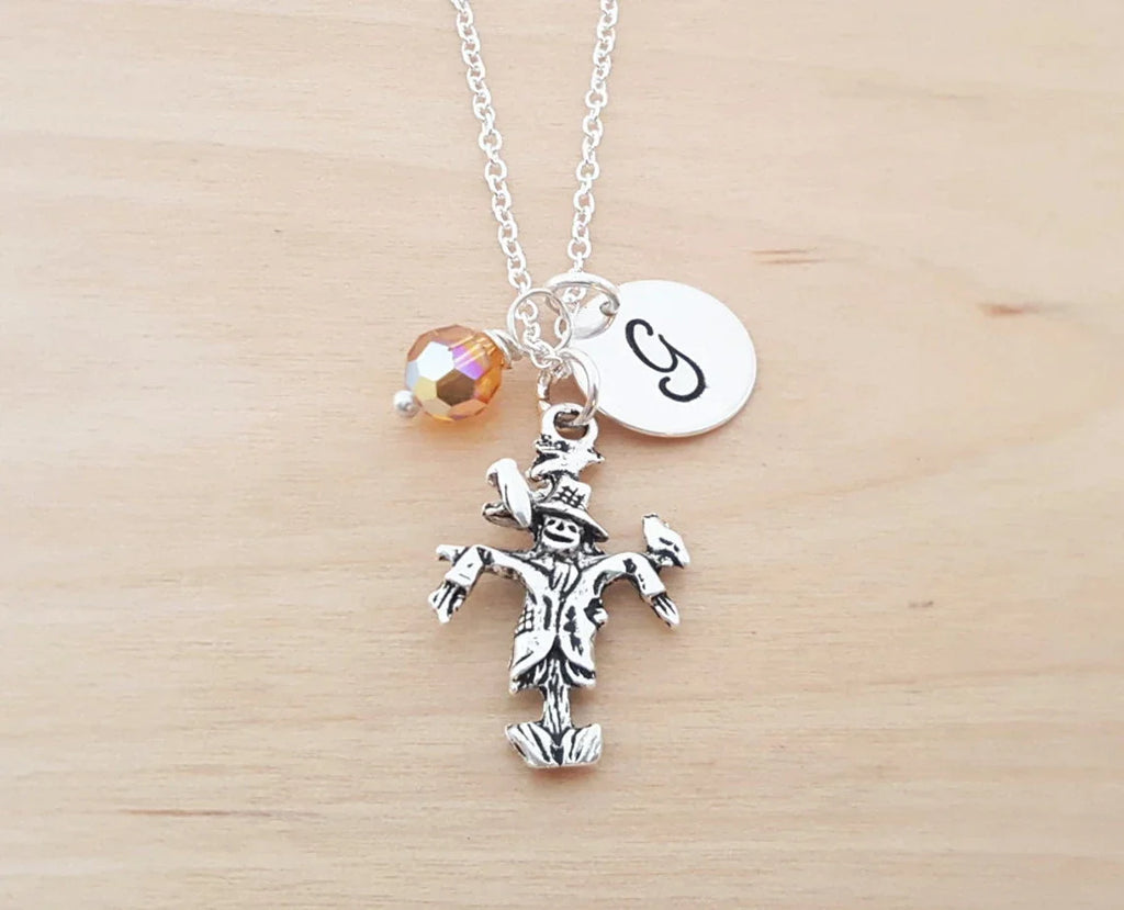Personalized Scarecrow Necklace – Sterling Silver Chain with Birthstone & Initial