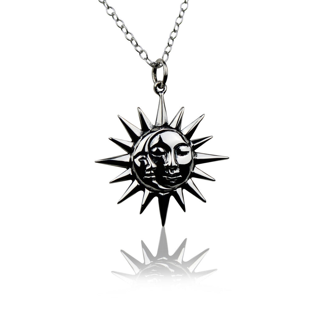 Collier Lune et Soleil – Pendentif Céleste en Argent Sterling avec Visages sur Chaîne de 40 cm