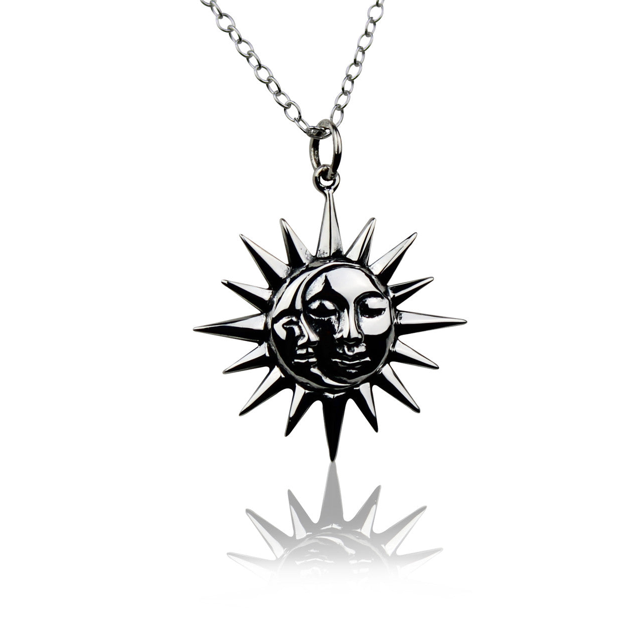 Collier Lune et Soleil – Pendentif Céleste en Argent Sterling avec Visages sur Chaîne de 40 cm
