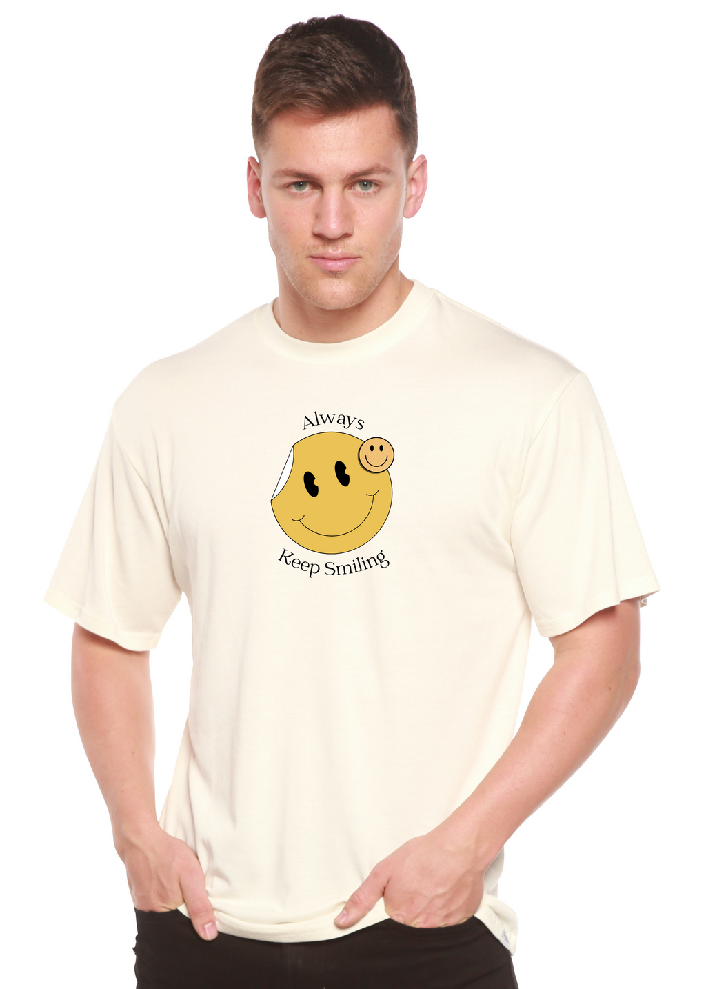 T-shirt graphique à manches courtes en bambou-viscose/coton biologique pour homme avec inscription « Always Keep Smiling »