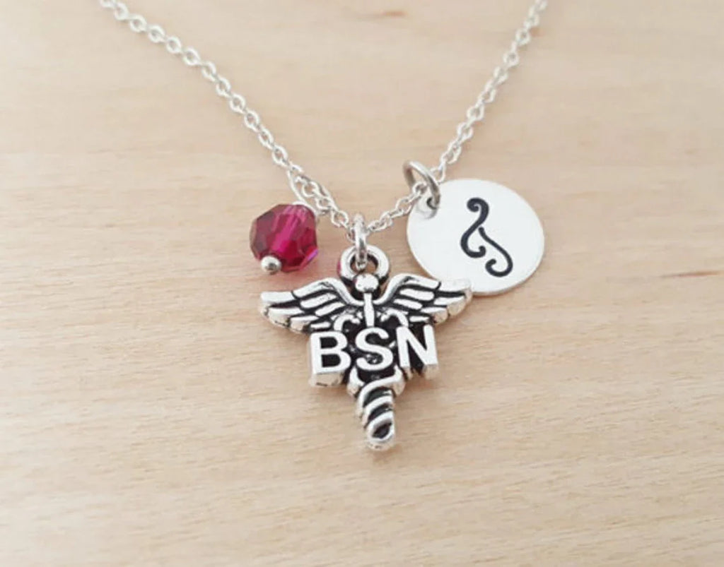 Collier d'infirmière BSN personnalisé – Chaîne en argent sterling avec pierre de naissance et initiale