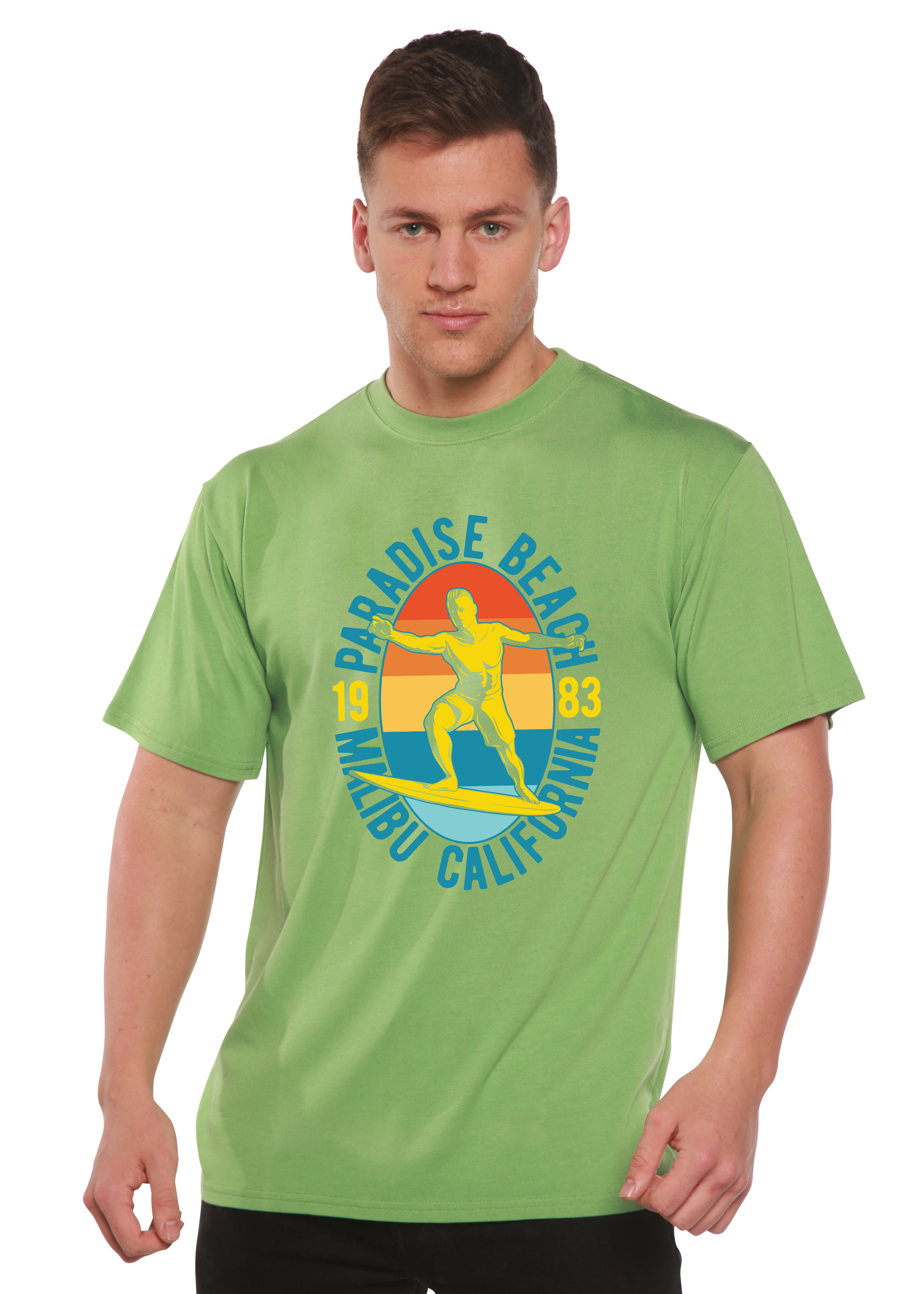 T-shirt graphique Paradise Beach 1983 à manches courtes en viscose de bambou/coton biologique pour homme