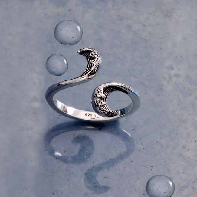 Bague réglable en argent sterling avec vague stylisée – Design Yin Yang Énergie de l'océan