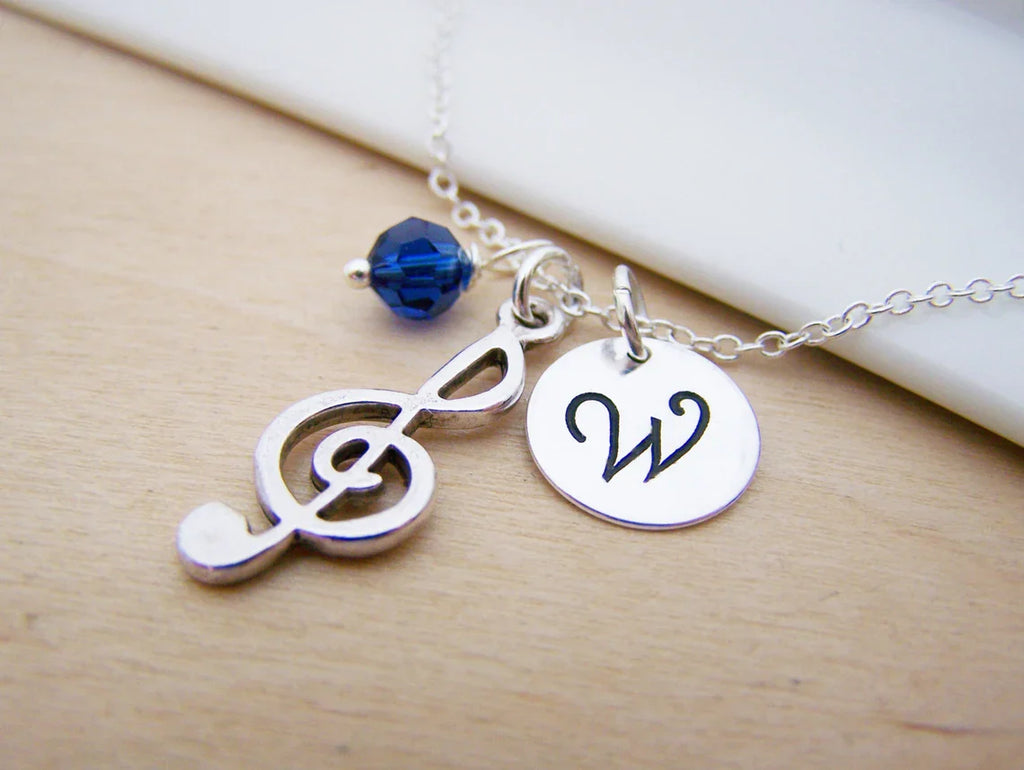 Collier clé de sol personnalisé – Chaîne en argent sterling avec pierre de naissance et initiale