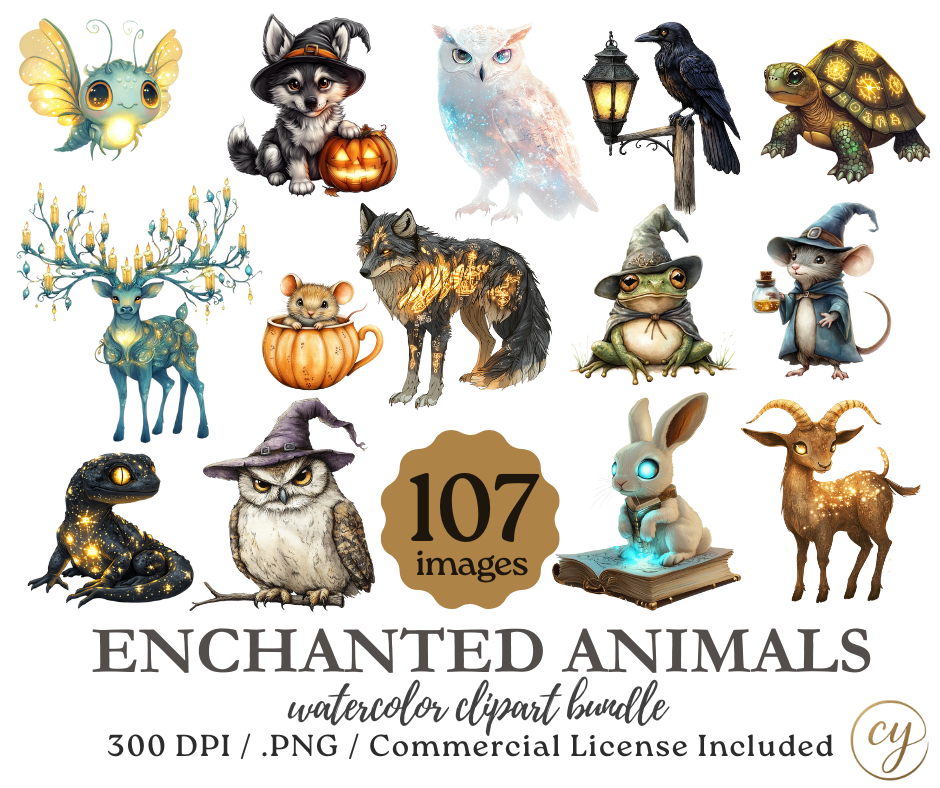 Enchanted Animals Watercolor Clipart Bundle – 107 PNGs, 300 DPI, Commercial License