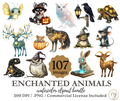 Enchanted Animals Watercolor Clipart Bundle – 107 PNGs, 300 DPI, Commercial License