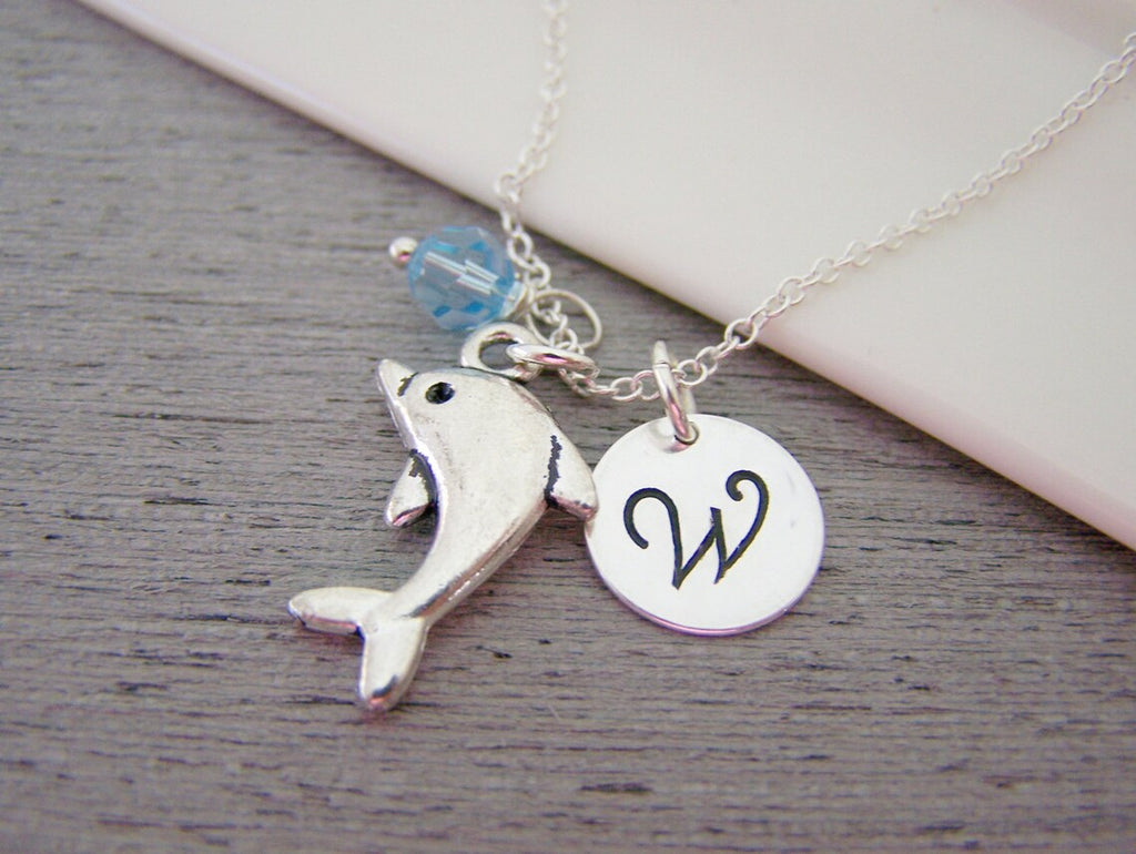 Collier Dauphin Personnalisé – Chaîne en Argent Sterling avec Pierre de Naissance et Initiale