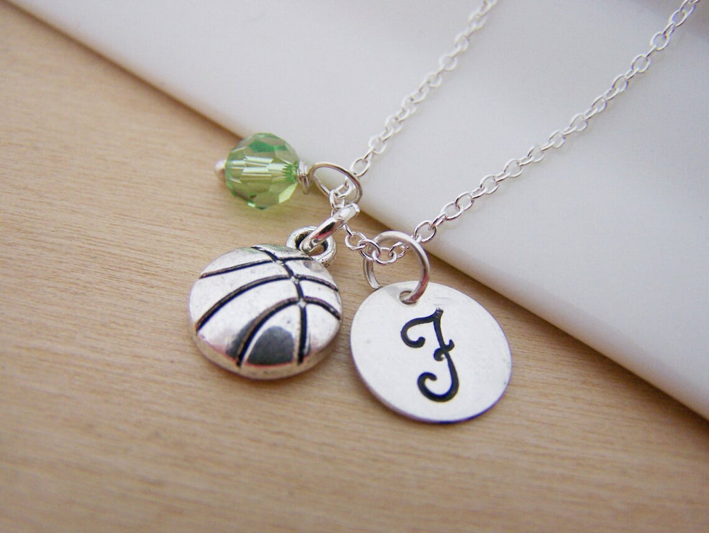 Collier de basketball – Argent sterling avec pierre de naissance et initiale