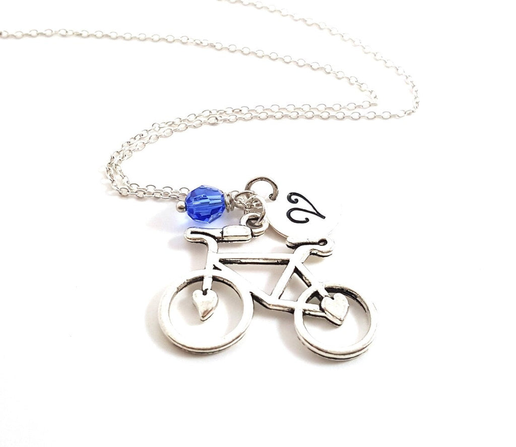 Collier de vélo personnalisé – Chaîne en argent sterling avec pendentif cœur, pierre de naissance et initiale