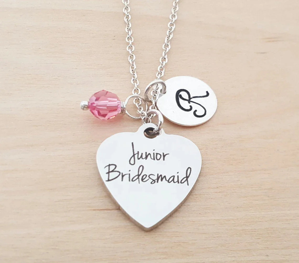 Collier Demoiselle d'Honneur Junior – Argent Sterling avec Pierre de Naissance et Initiale – Cadeau pour Demoiselle d'Honneur