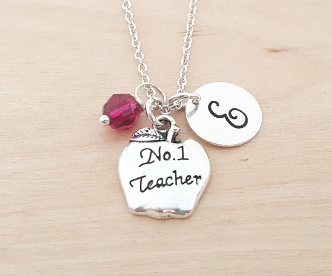 #1 Collier d’enseignant – Chaîne en argent sterling avec pierre de naissance et initiale