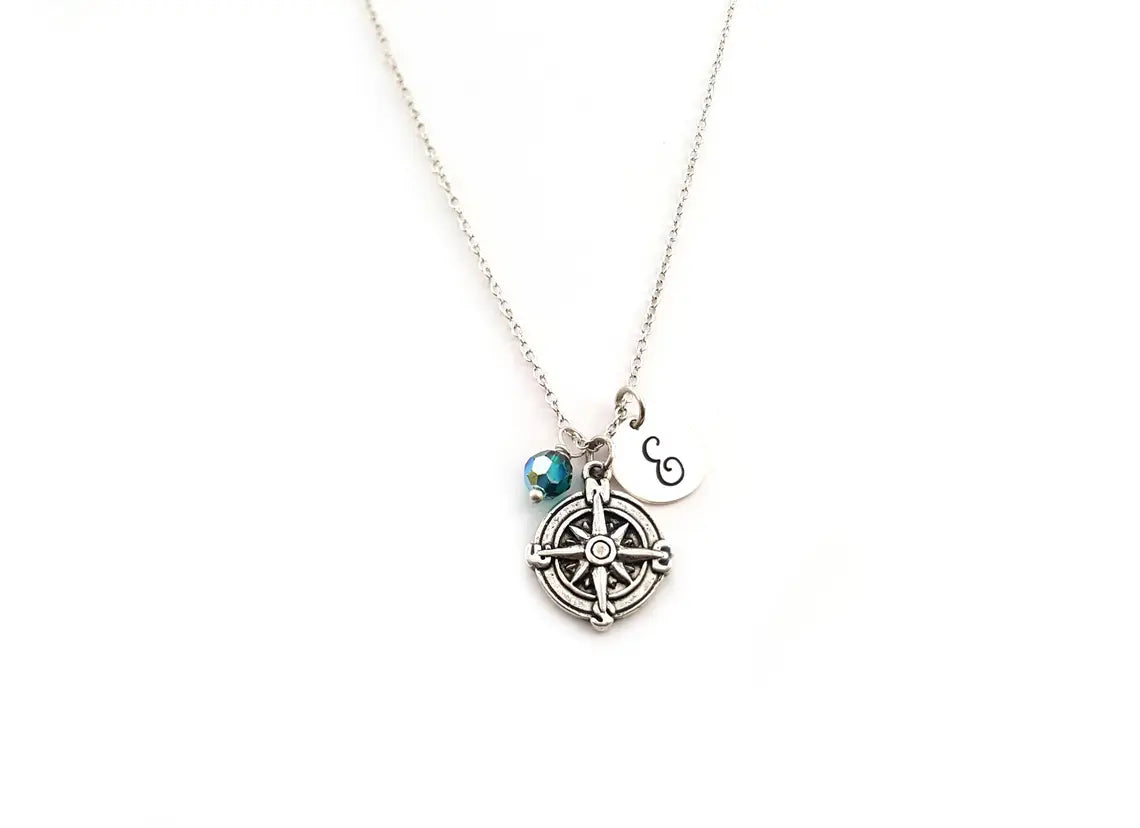 Collier boussole personnalisé – Chaîne en argent sterling avec pierre de naissance et initiale