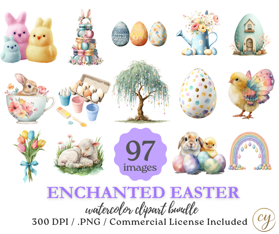 Lot de 97 images clipart aquarelles enchantées de Pâques – Graphiques PNG pastel printaniers – Utilisation commerciale incluse