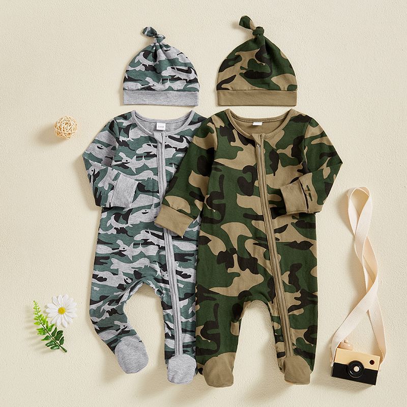 Barboteuse camouflage militaire pour bébés filles et garçons, combishort décontracté mignon à fermeture éclair avec bandeau et chapeau pour filles et garçons