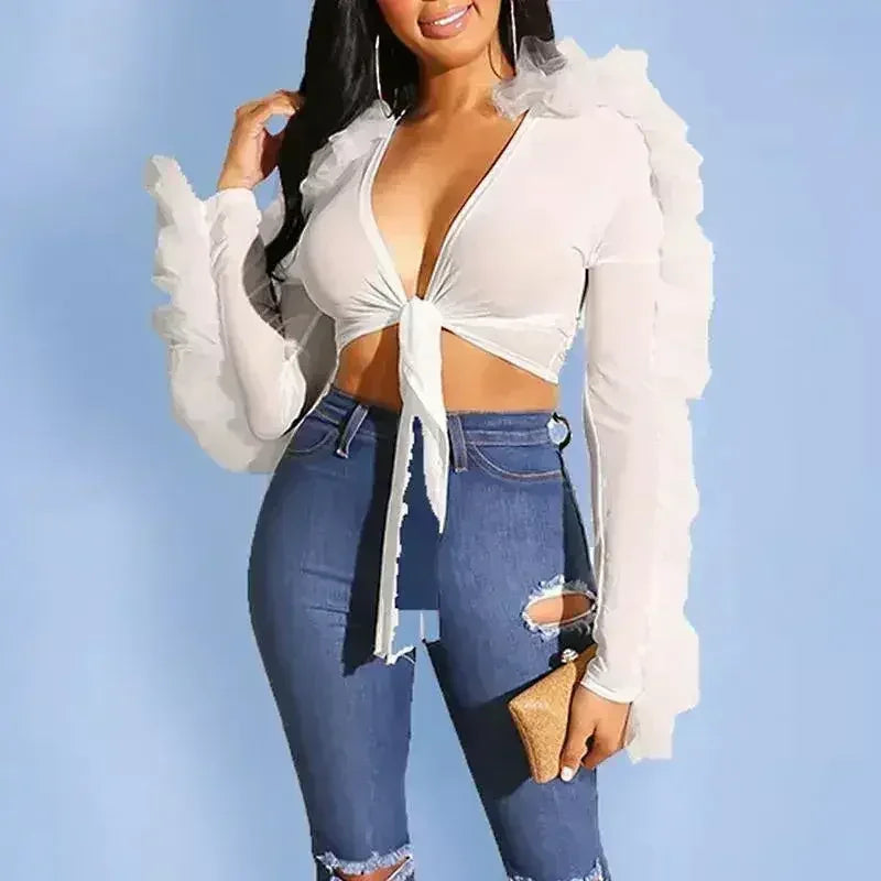 Haut court tissé de style gothique noir pour femme Club sexy transparent