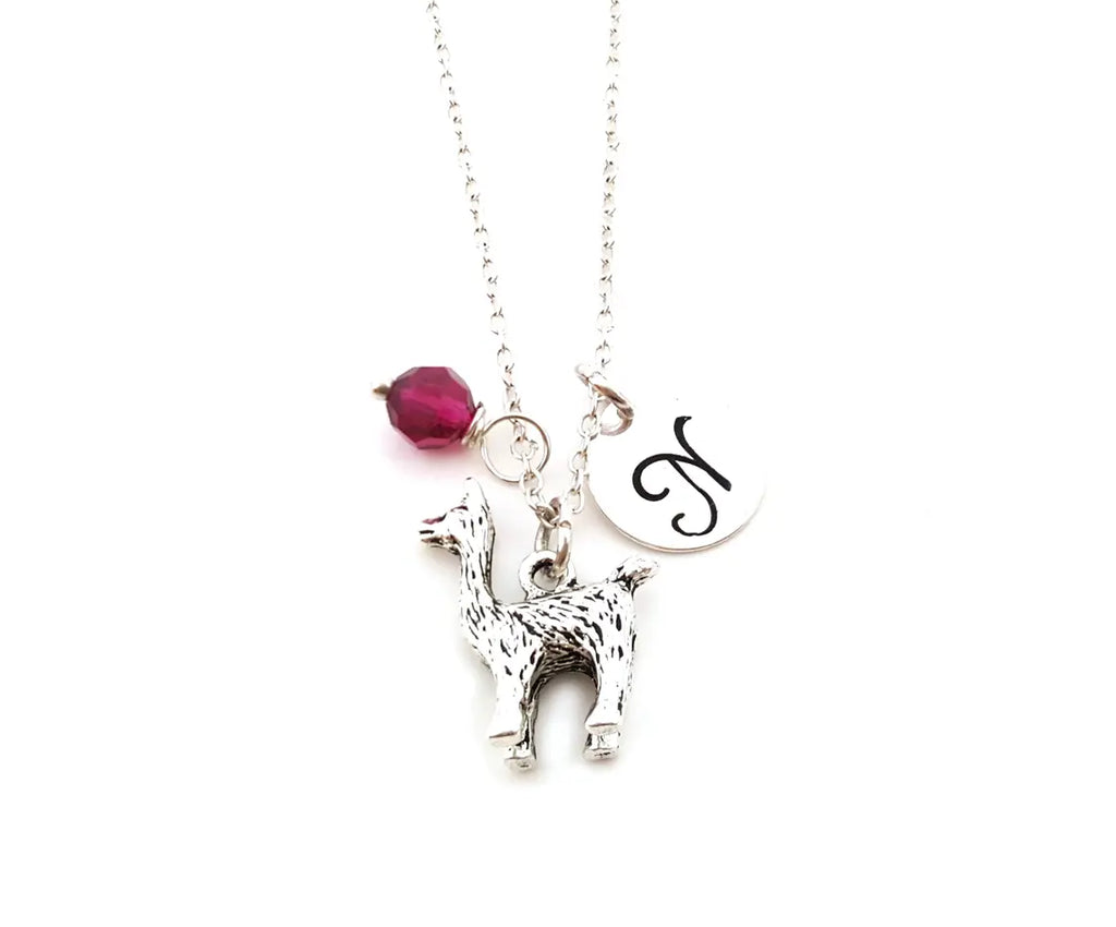 Personalized Llama Necklace – Sterling Silver Chain with Birthstone & Initial