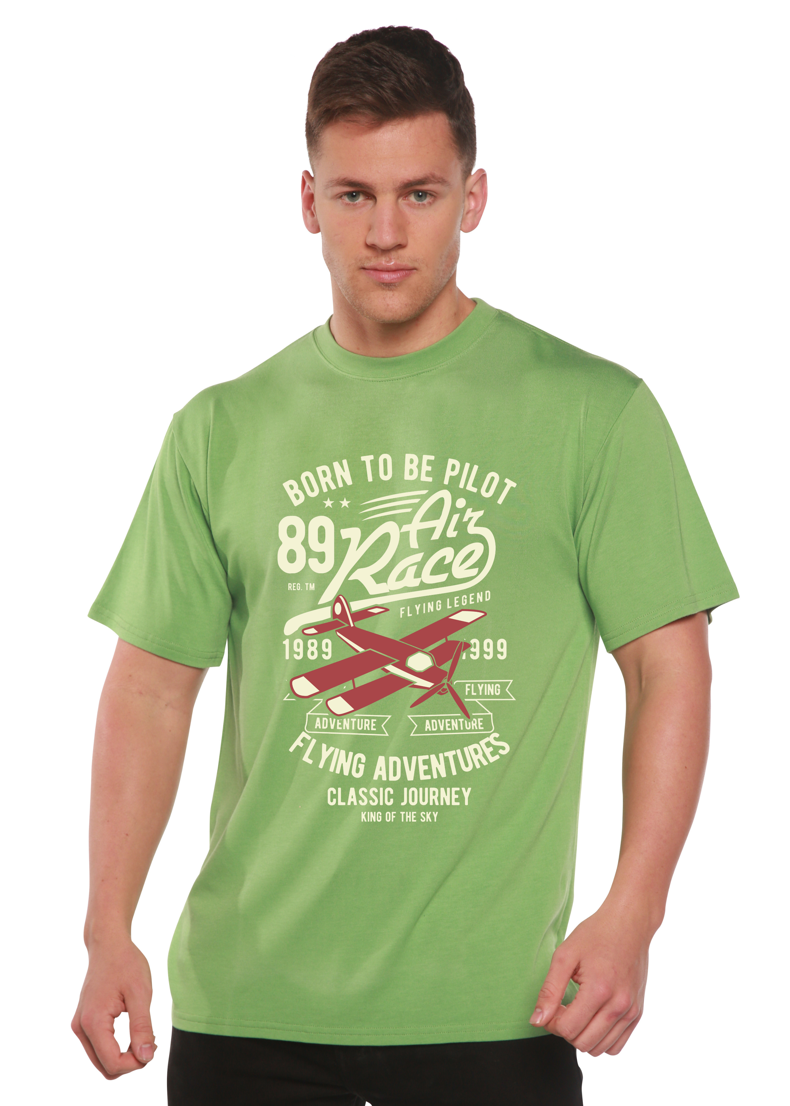T-shirt graphique à manches courtes pour homme en viscose de bambou/coton biologique motif "Born To Be Pilot"