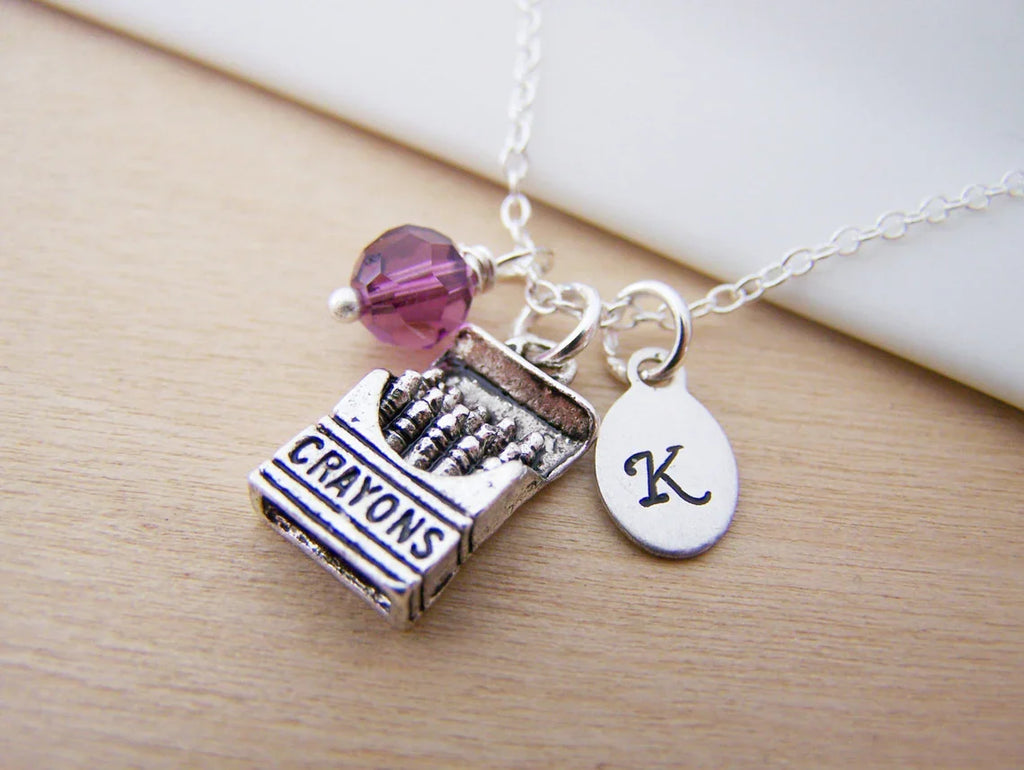 Collier Crayon Personnalisé – Chaîne en Argent Sterling avec Pierre de Naissance et Initiale