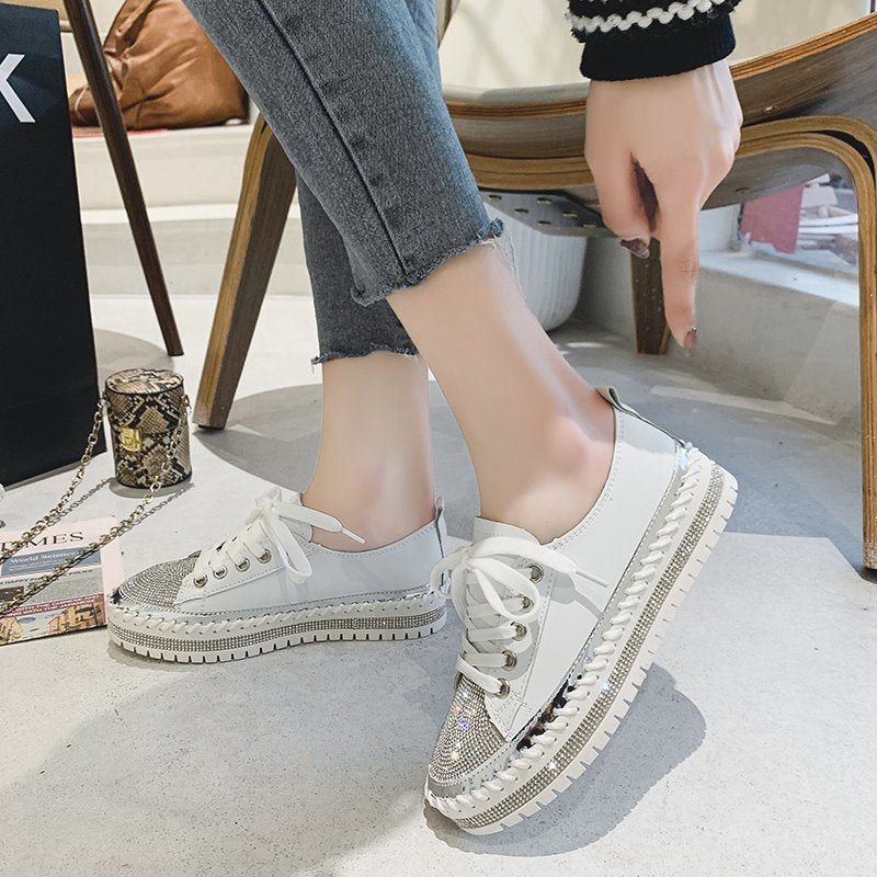 Baskets léopard pour femmes Chaussures en toile pour femmes Baskets de loisirs à lacets Strass Brillantes Plates Charmantes Chaussures de loisirs basses à plateforme