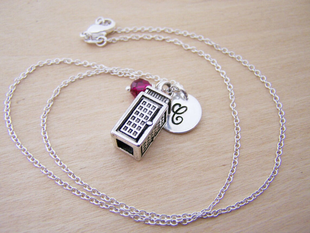 Police Box - Phone Booth Necklace – Sterling Silver with Birthstone & Initial Charm