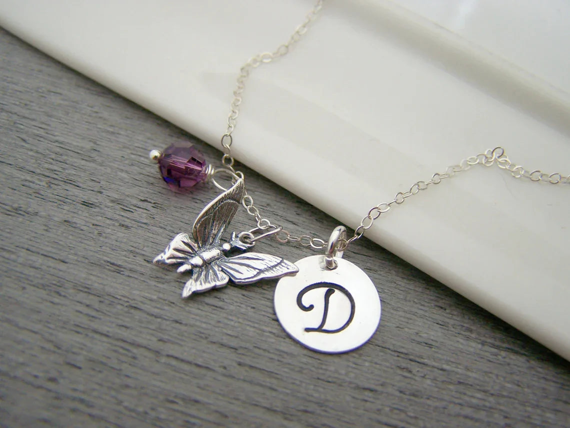 Collier papillon personnalisé – Breloque en argent sterling massif avec pierre de naissance et initiale