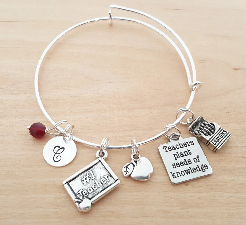 #1 Bracelet pour professeur – Jonc réglable avec pierre de naissance et initiale