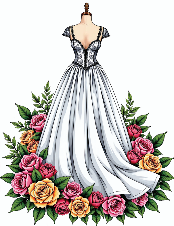 Floral Wedding Dress Coloring Book – 40 Page Printable PDF