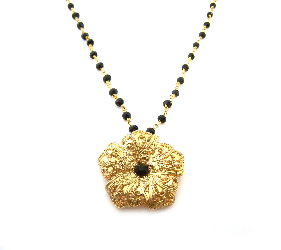Collier en or rempli en fil enroulé, inspiré vintage, orné, en pierre précieuse onyx noir fleur d'or, pièce unique