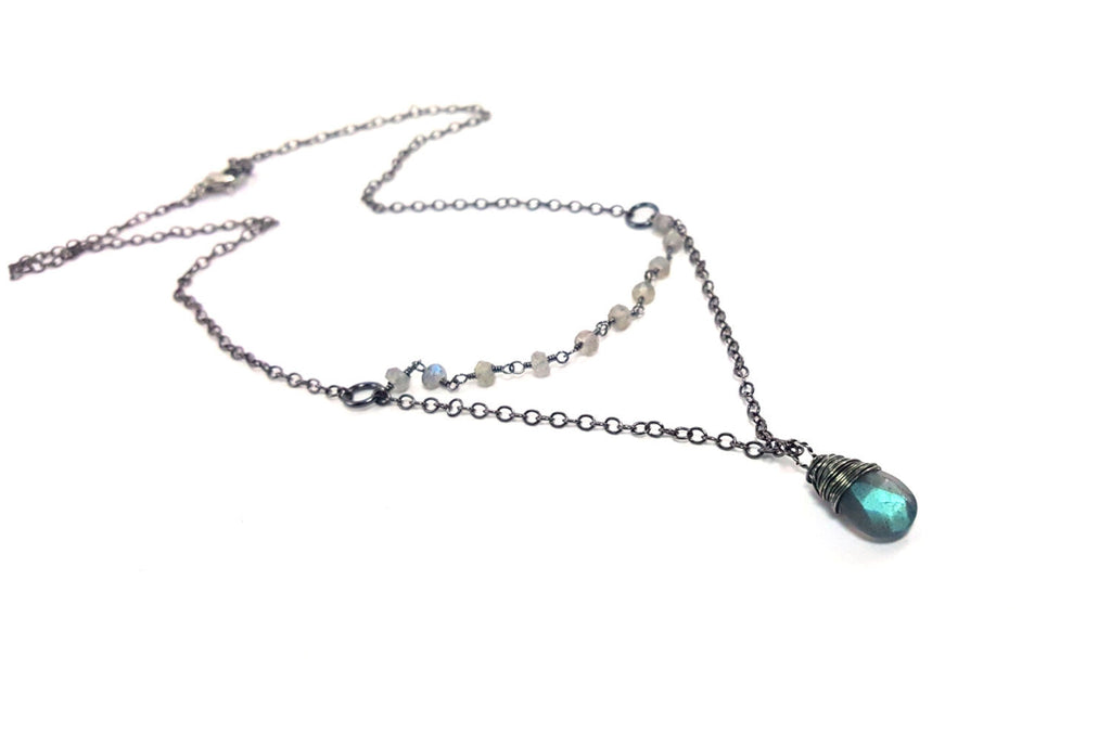 Chapelet Collier Labradorite Flash Bleu et Argent Oxydé