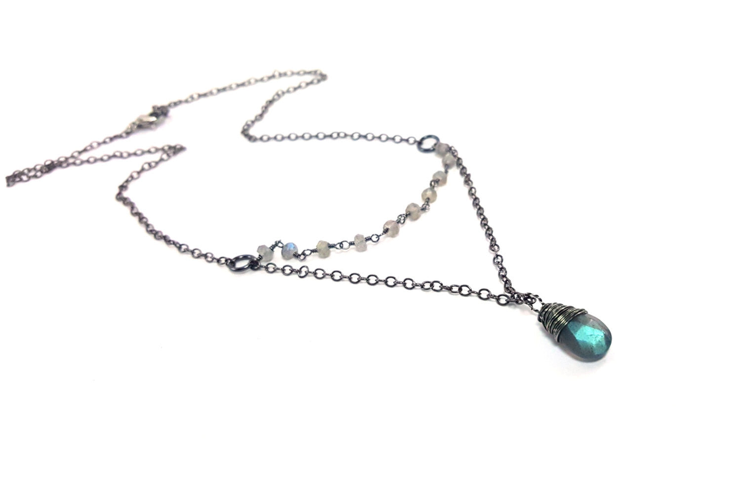 Chapelet Collier Labradorite Flash Bleu et Argent Oxydé