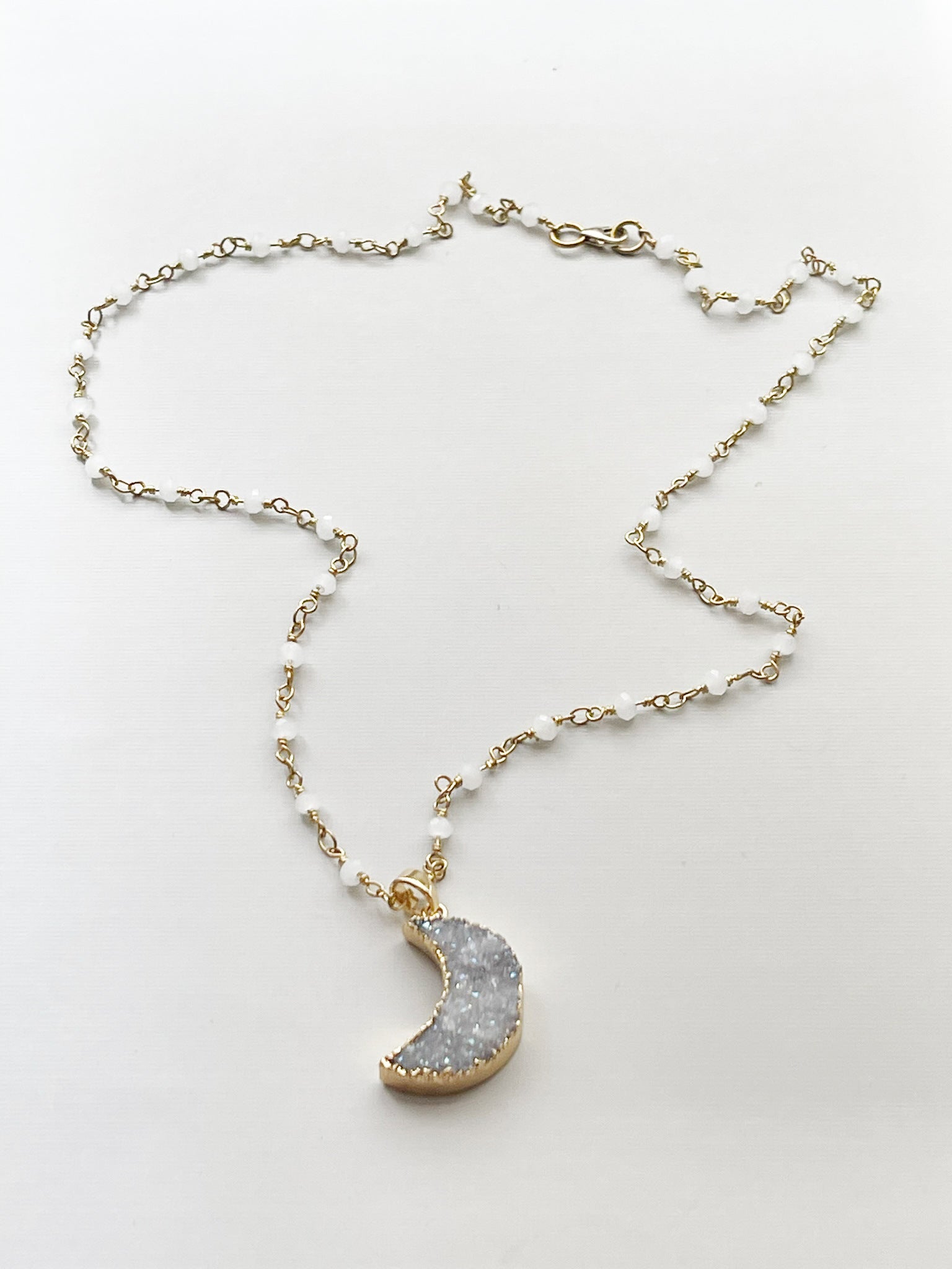 Druzy Moon Necklace – Gold Plated on White Rosary Chain, 21 Inch