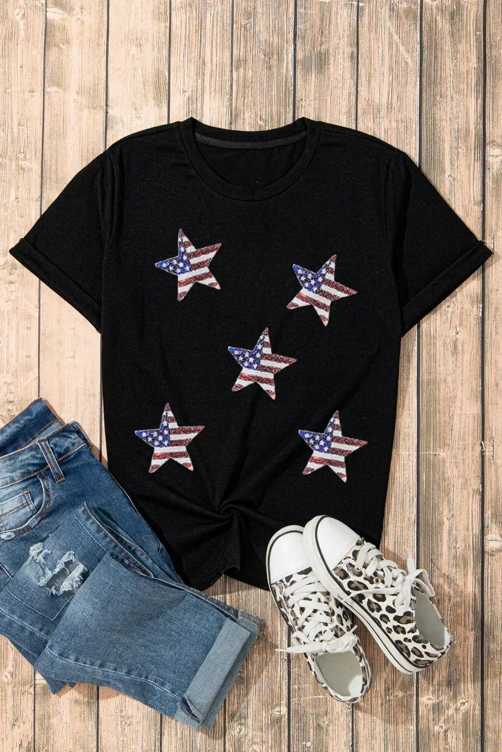 T-shirt graphique étoiles drapeau américain à paillettes noires