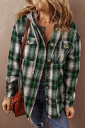 Veste à Capuche Plaid Vert Foncé avec Cordon de Serrage et Poches – Confortable et Tendance, Vêtement d'Extérieur à Carreaux Pour Toutes Saisons