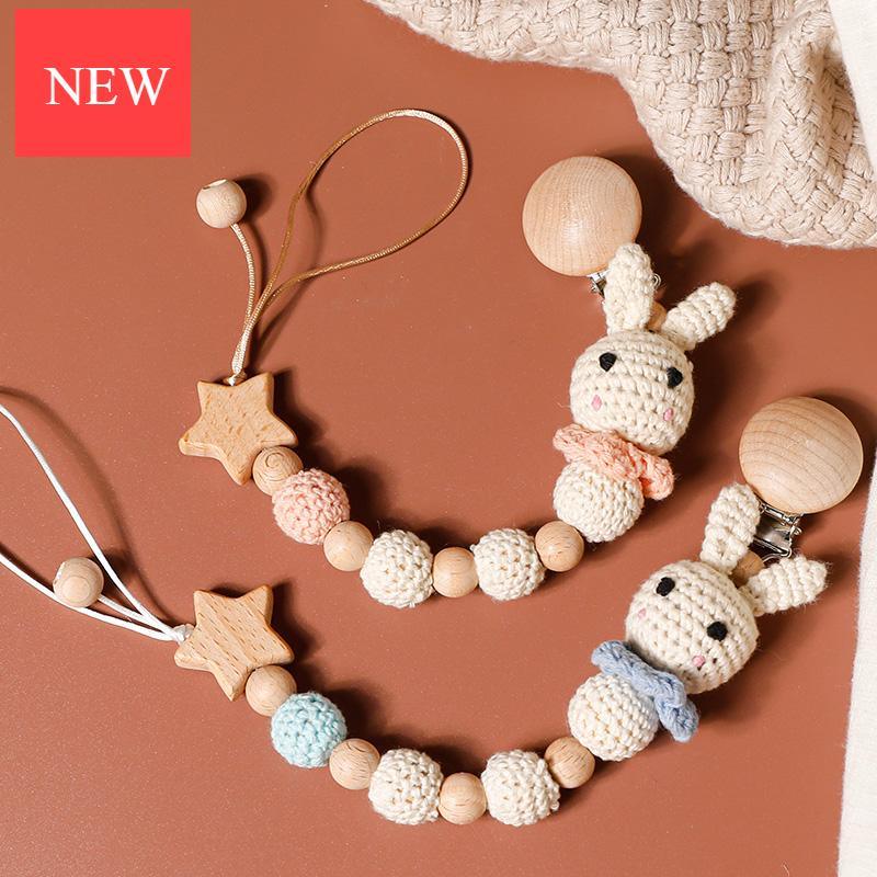 Chaîne de sucette moderne faite à la main, chaînes de dentition pour bébé, perles de panda en crochet, clips en bois, petite tige en bois pour enfants