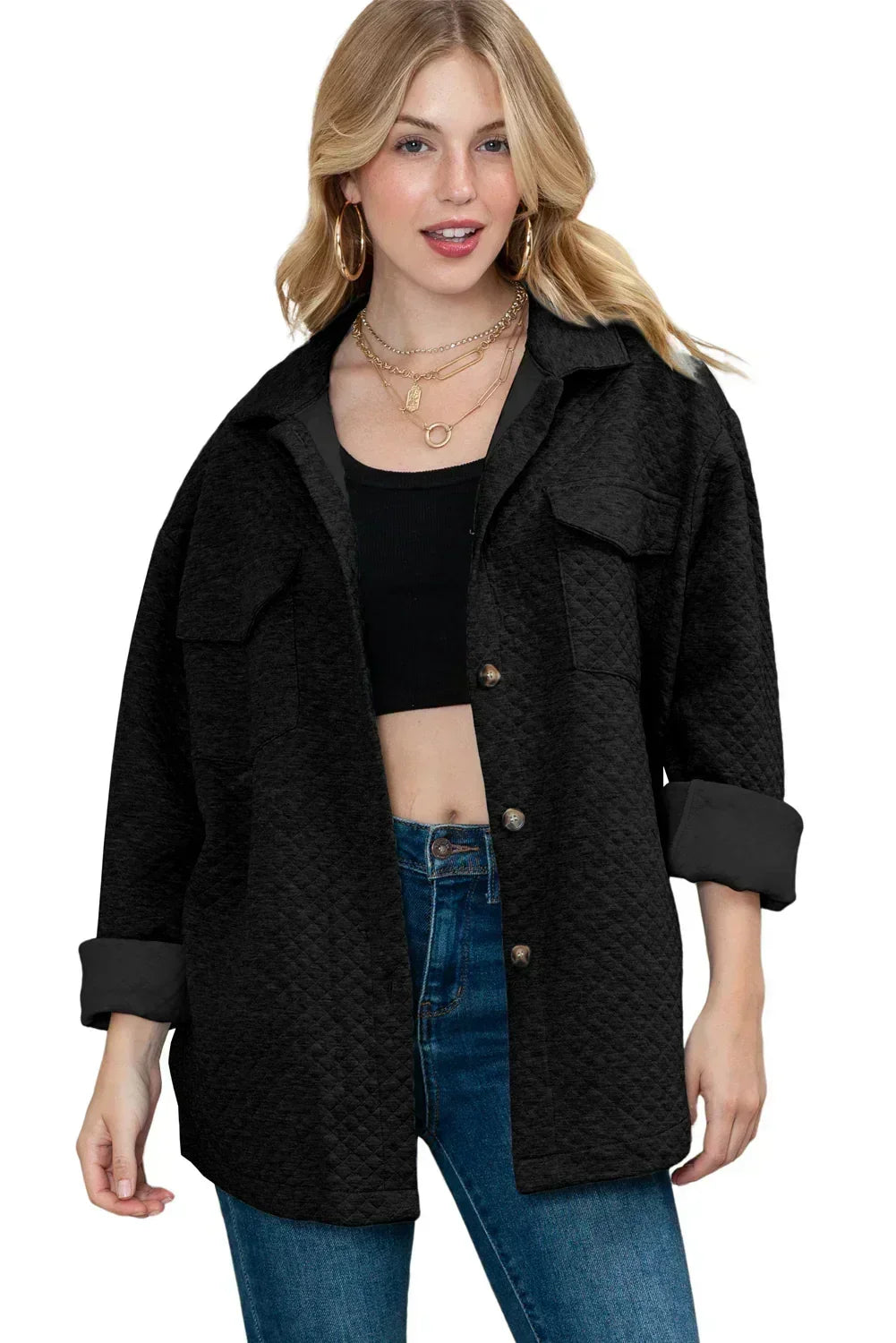 Veste chemise matelassée rétro texturée à losanges noirs – Femstylo