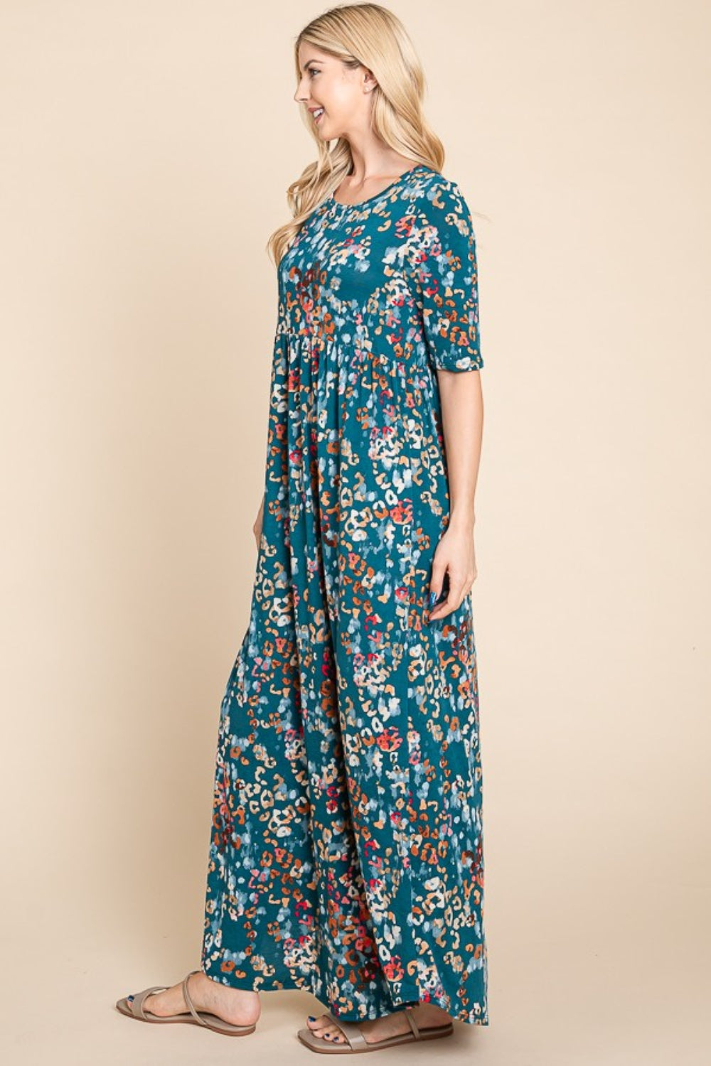 Robe longue froncée imprimée pour femme – Robe longue froncée flatteuse, Robe longue imprimée confortable, Robe longue fleurie chic, Robe longue froncée élégante, Robe longue élégante, Robe imprimée polyvalente, Mode confortable