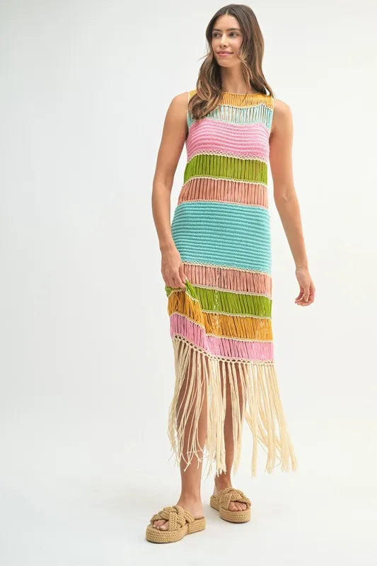 Robe Femme Tricotée au Crochet Franges Multicolores – Robe Tricotée au Crochet, Robe à Franges, Robe Multicolore, Robe Tricotée Bohème, Robe de Festival