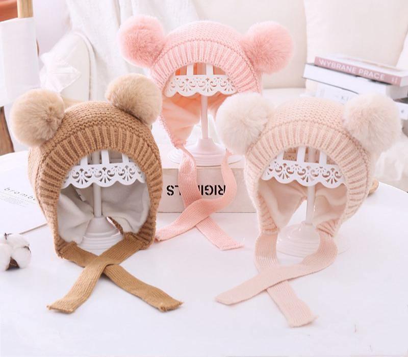 Chapeau d'Hiver de Noël Tricoté pour Bébé Fait à la Main Tendance Moderne Mignon Double Pompom Bonnet pour Nouveau-né Garçon Fille Cache-Oreilles Chapeaux Enfants