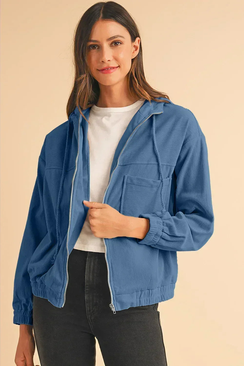 Veste à capuche zippée en velours côtelé bleu sarcelle véritable – Femstylo