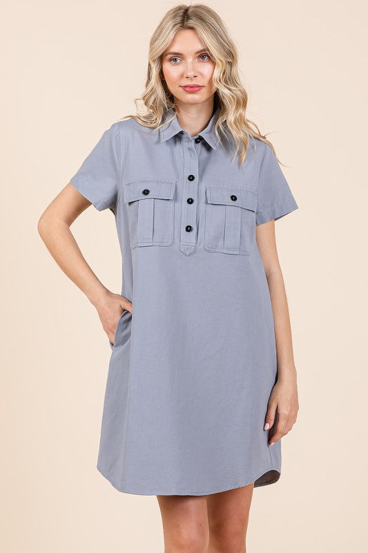 Robe Chemise à Manches Courtes et Col à Détails Boutonnés pour Femme – Classique, Élégante, Chic, Tendance, Polyvalente