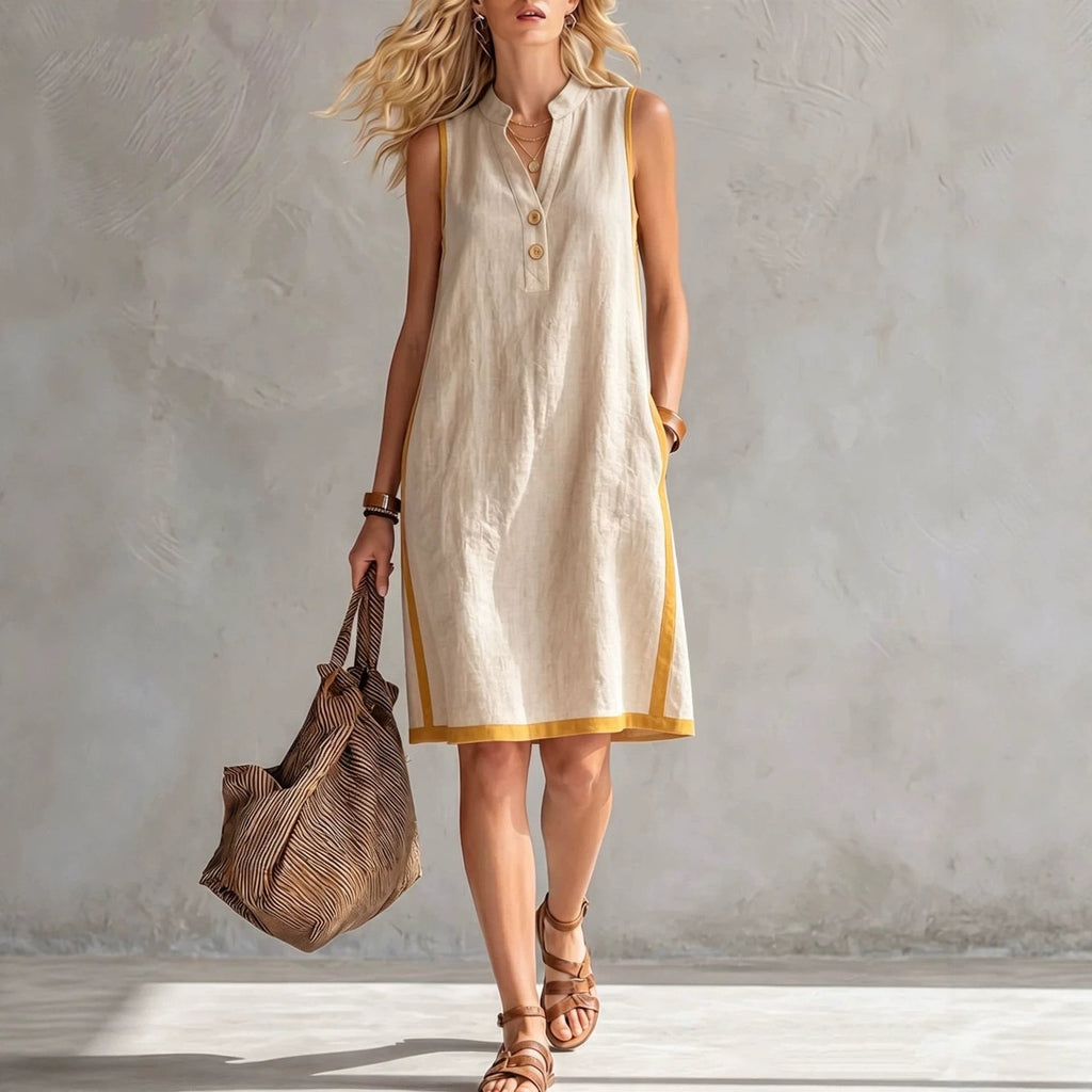 Robe midi trapèze sans manches à col en V et boutonnée avec poches pour femme