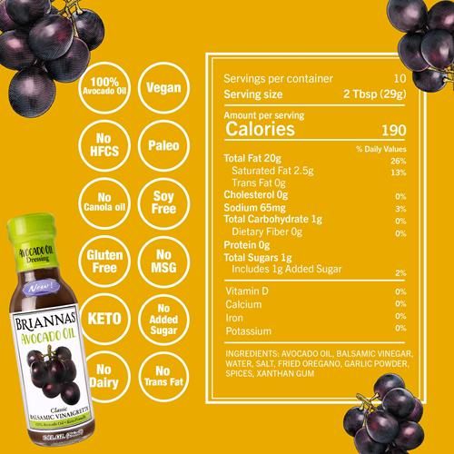Briannas - Vinaigrette Balsamique à l'Huile d'Avocat - Riche en Nutriments, Compatible Kéto, Vinaigrette Végétalienne à base d'Huile d'Avocat 100% Pure - Bouteille de 295 ml