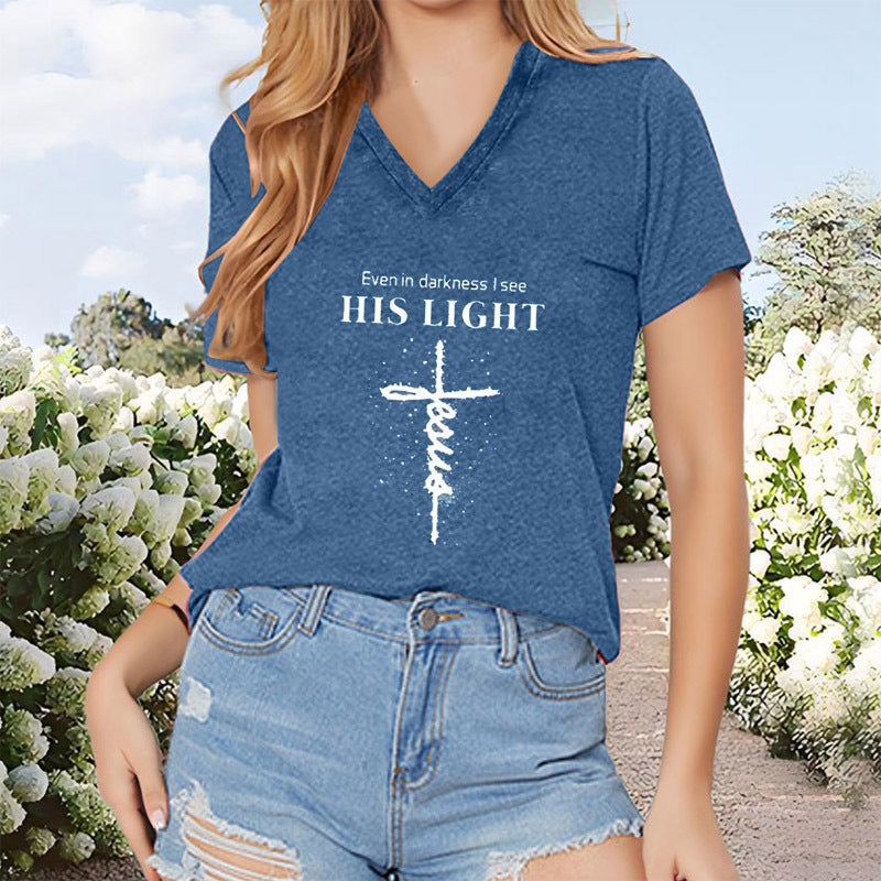 T-shirt col V géométrique croix décontracté d'été à manches courtes pour femmes