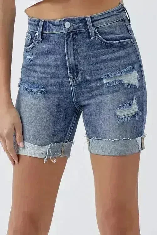 Shorts en jean roulés taille haute délavés RISEN avec poches